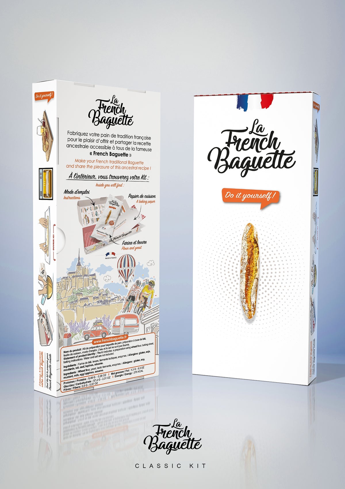 La French Baguette bake-at-home kit, front and back of the box